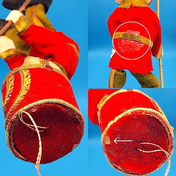 Vintage 1950s Elf Toy Soldier Ornament • Red Green Felt with Velvet Gold Trim • - Picture 10 of 10